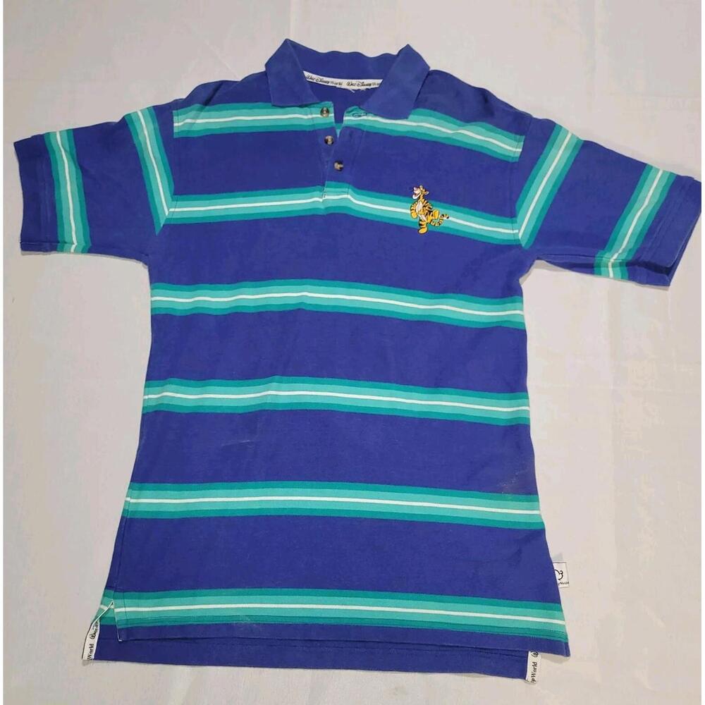 VTG Disney World Tigger Polo Shirt Mens XL Blue Green Striped Winnie the Pooh